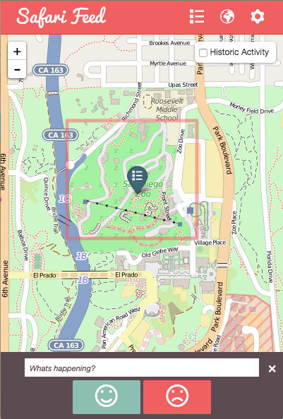 SafariFeed mobile app screenshot showing map of San Diego Zoo
